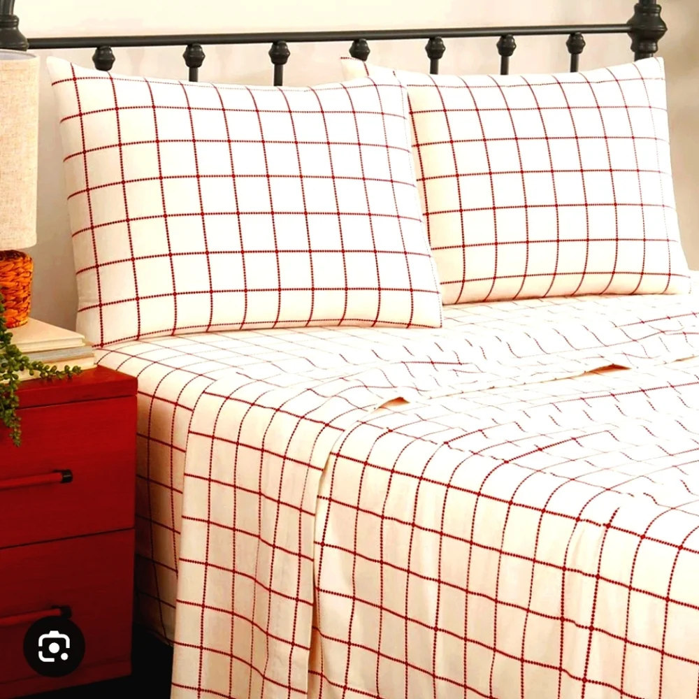 Queen Duvet Cover Pillow Sham Red Cream White Plaid Bedding Standard Textile - Picture 2 of 8